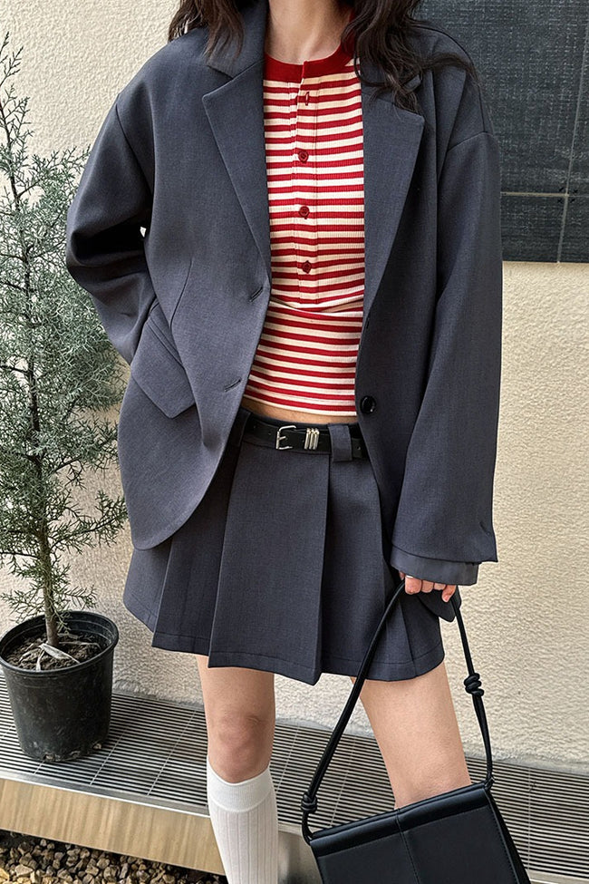 Contrast Sleeve Blazer Pleated Midi Skirt Set Main image