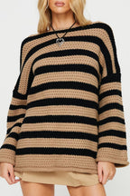 Striped Knit Casual Loose Sweater Khaki / S