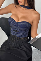Stripe Lace Trim Backless Corset Tube Top