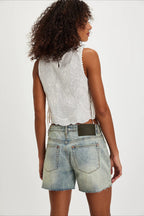 Solid Crew Neck Embroidered Crop Tank Top