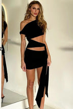 Solid Asymmetrical Neck Cutout Tie Fitted Bodycon Mini Dress