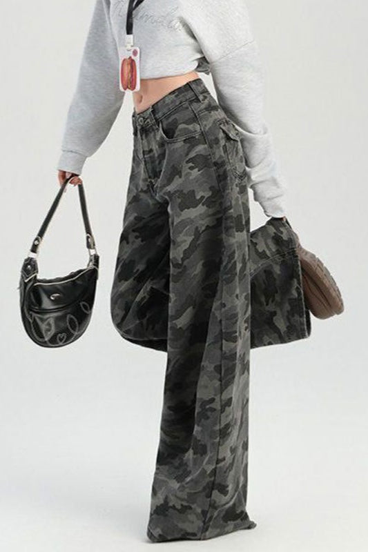Camouflage Wide Leg High Waist Relaxed Jeans