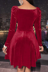 Velvet Solid Long Sleeve V-neck Midi Dress