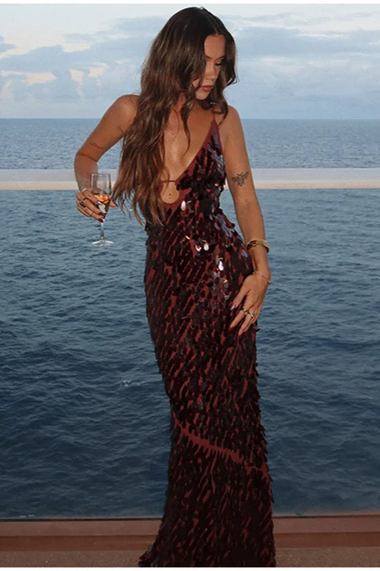 Sequin Hollow Out Boho Dress Brown / S Main image