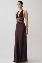 Lace Inset Halter Satin Formal Dress