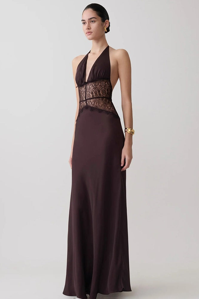 Lace Inset Halter Satin Formal Dress