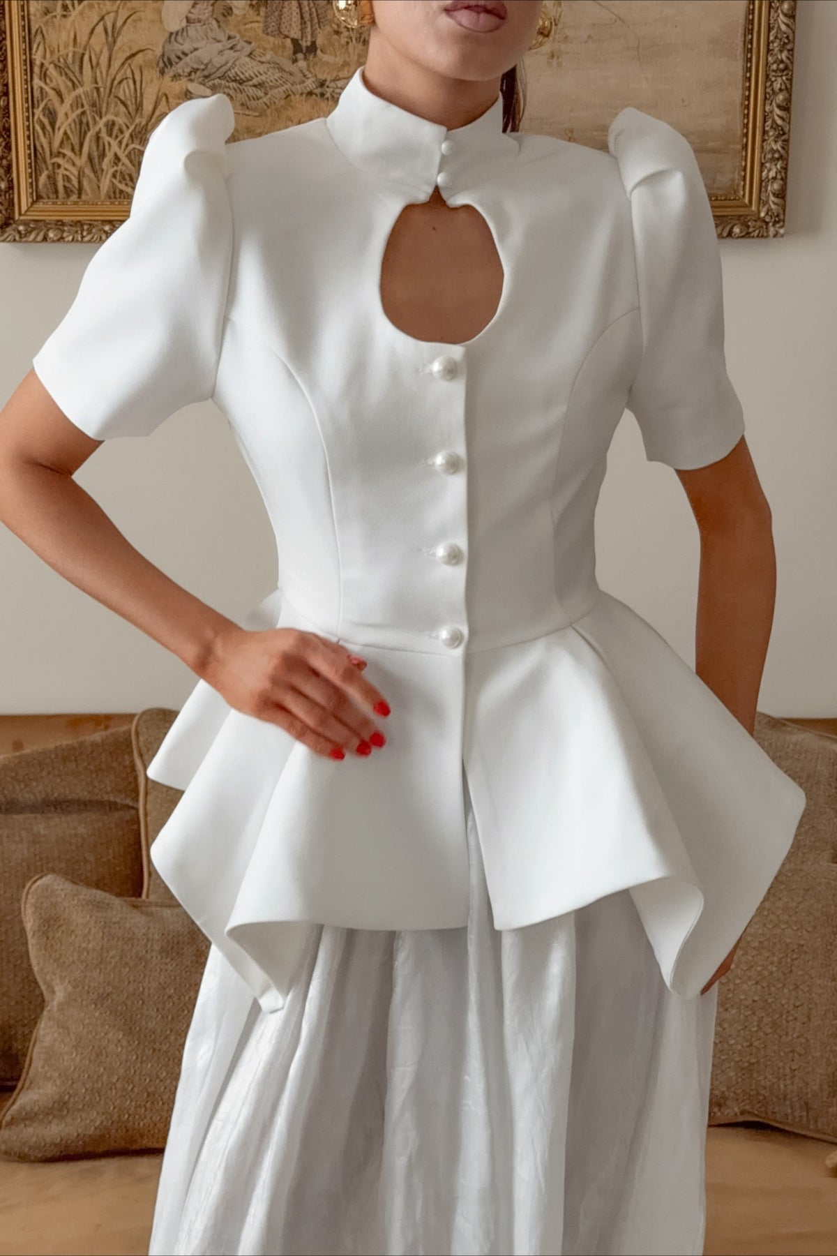 Keyhole Puff Sleeve Asymmetric Peplum Blouse