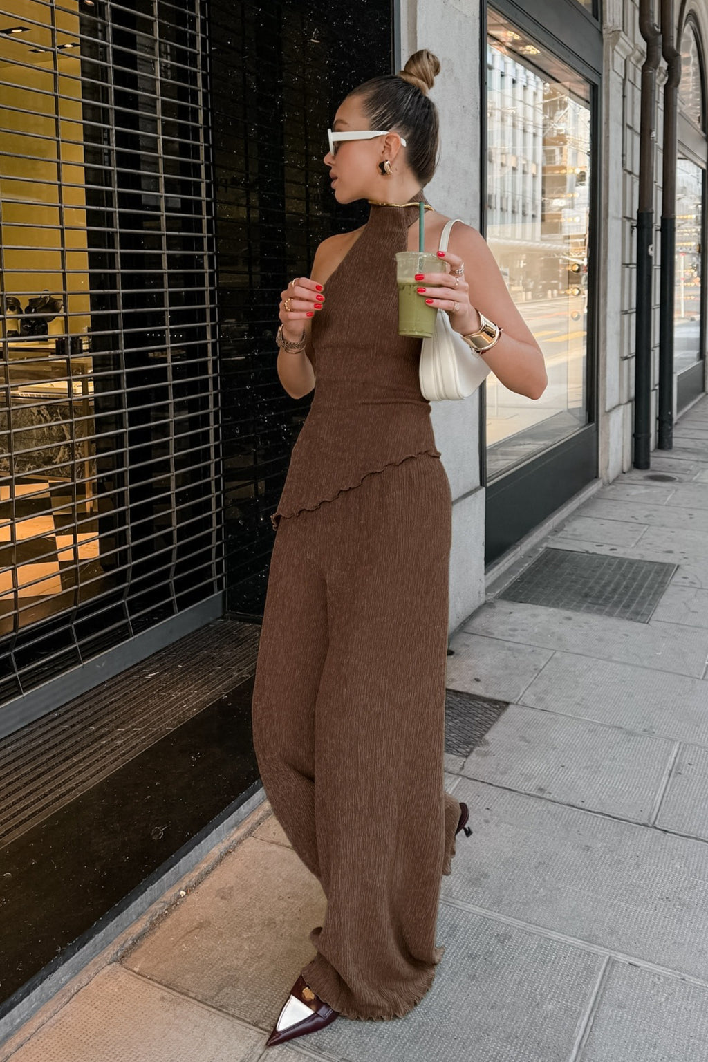 Green Halter Neck Top Pleated Wide Leg Pants Set