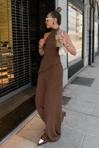 Green Halter Neck Top Pleated Wide Leg Pants Set