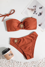 Retro High Waist Metal Detail Halter Strapless Bikini Set