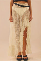 Lace Insert High Waist Slit Asymmetrical Midi Skirt