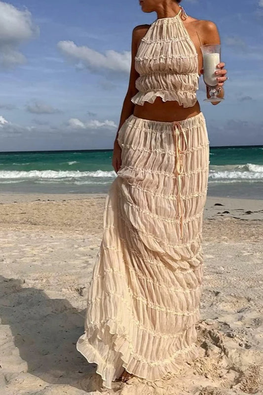 Ruched Halter Cami & Maxi Skirt Boho Dress Ivory / S Main image