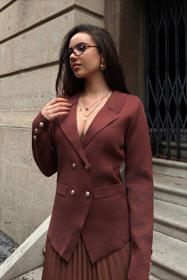 V Neck Double Breasted Knit Blazer Pleated Skirt Set Main image
