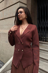 V Neck Double Breasted Knit Blazer Pleated Skirt Set