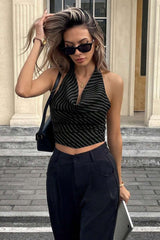 Elegant Stripe Halter Sleeveless Backless Draped Crop Top