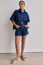 Vintage Loose Shirt Denim Shorts Set