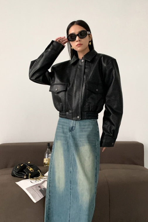 Short PU Leather Notch Lapel Jacket