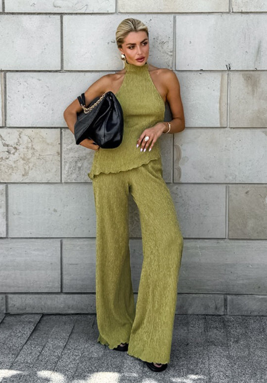 Green Halter Neck Top Pleated Wide Leg Pants Set Main image