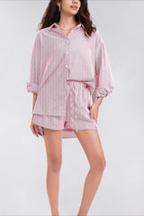 Striped Lapel Long Sleeve Blouse Shorts Set