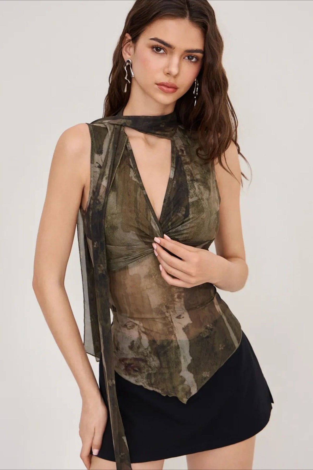 Sheer Mesh Print Ribbon Tie Halter Top Secondary image
