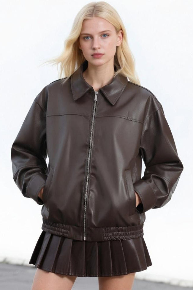 PU Leather Casual Lapel Jacket Brown / S Main image