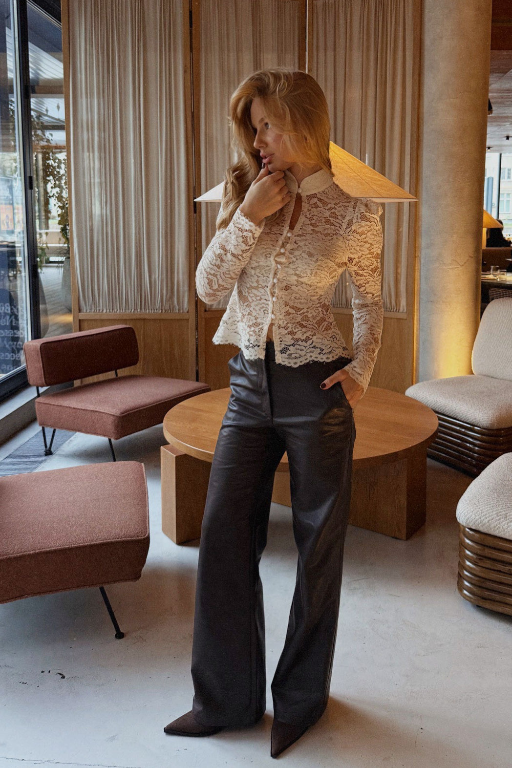 Pearl Button Sheer Lace Long Sleeve Blouse