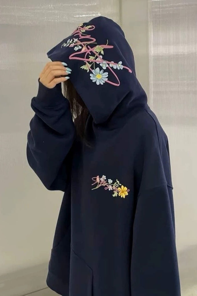 Retro Floral Embroidered Thick Fleece Hoodie