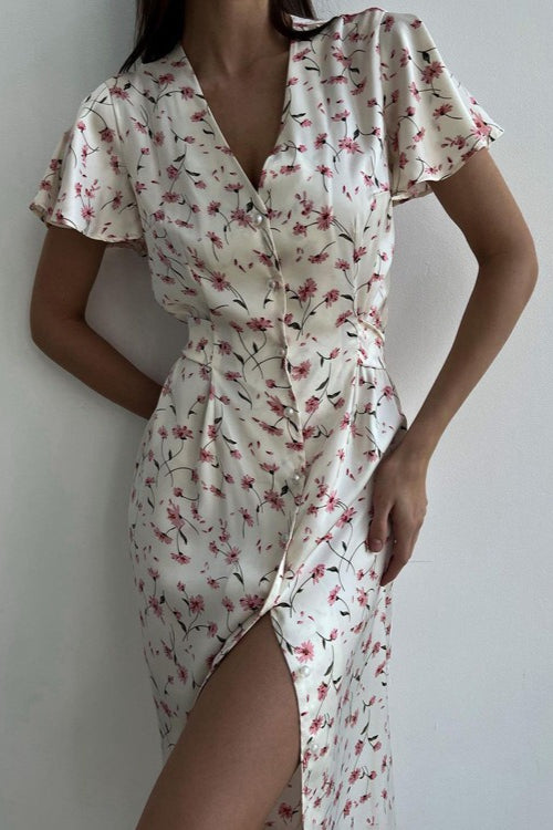V Neck Tie Waist Short Sleeve Shirt Floral Dress Main image
