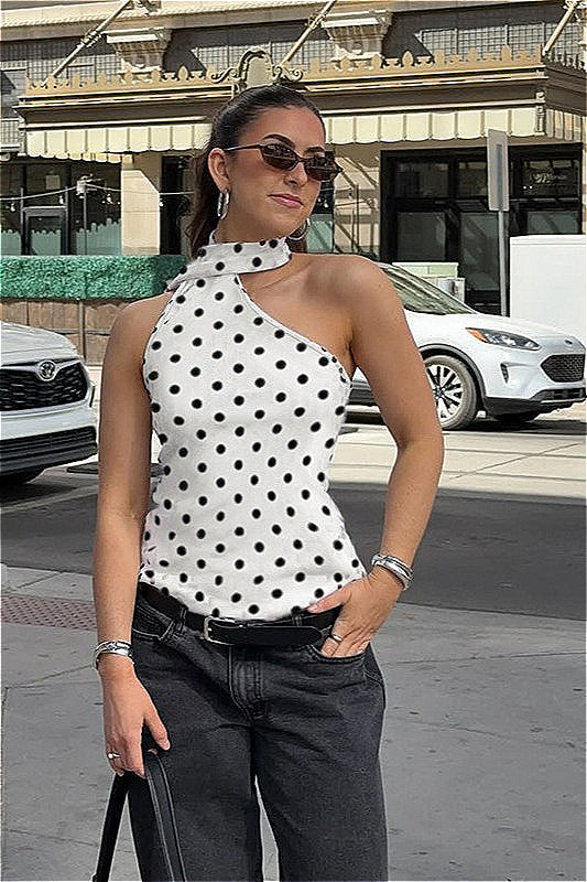 Polka Dot Halter Backless Tie Shoulder Crop Top Secondary image