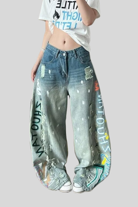 Graffiti Print Distressed Wide Leg Jeans
