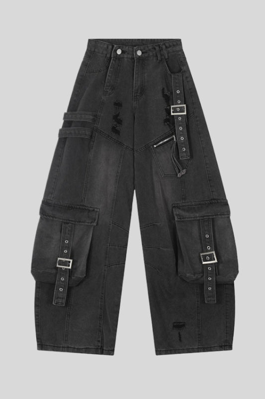 Washed Buckle Cargo Wide Leg Jeans