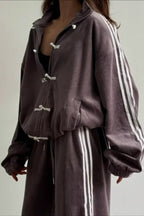 Stand Collar Suede Jacket Wide Leg Two Piece Set