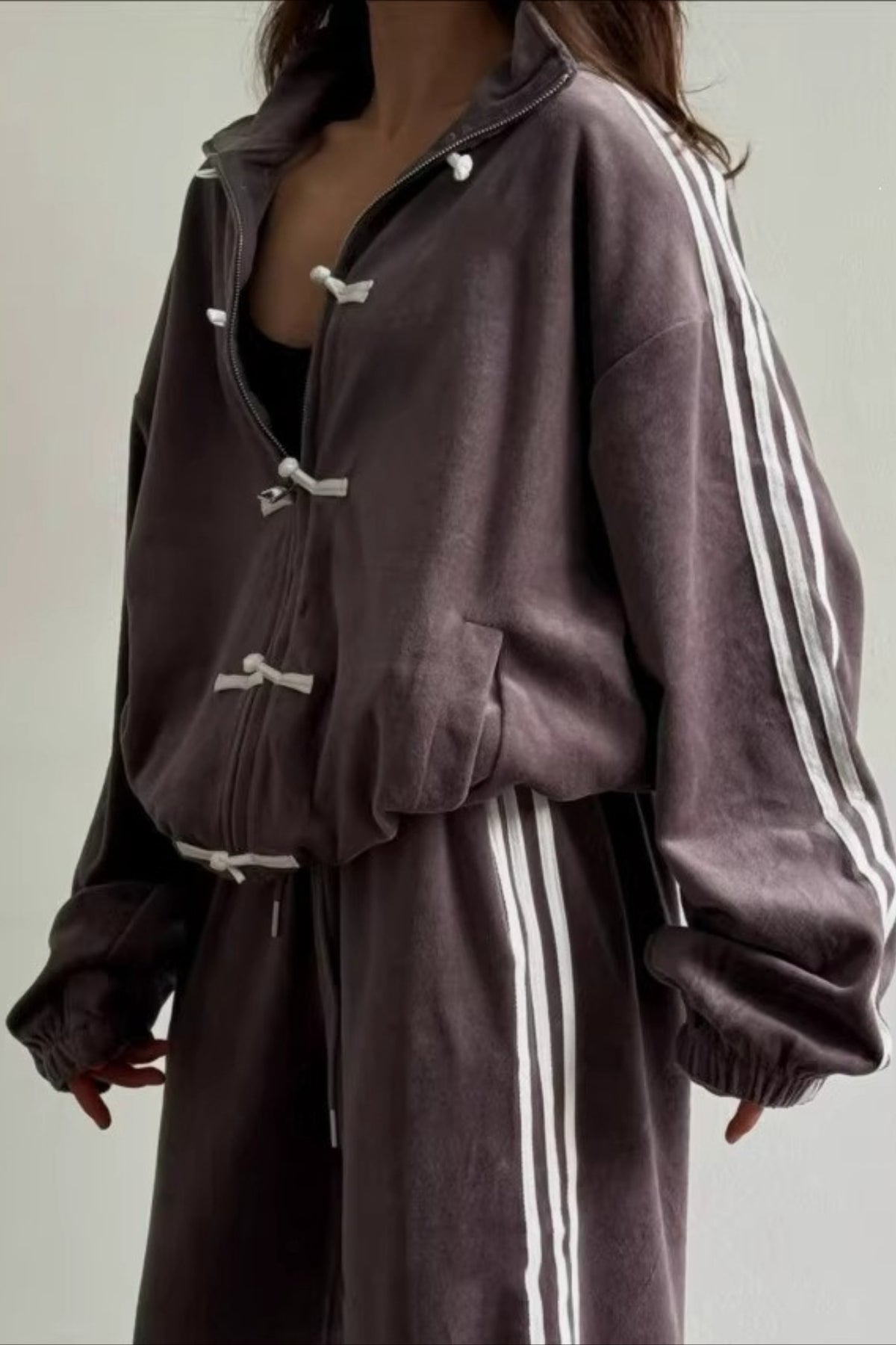 Stand Collar Suede Jacket Wide Leg Two Piece Set