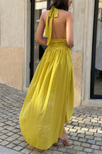Deep V Ruched Asymmetrical Hem Midi Dress