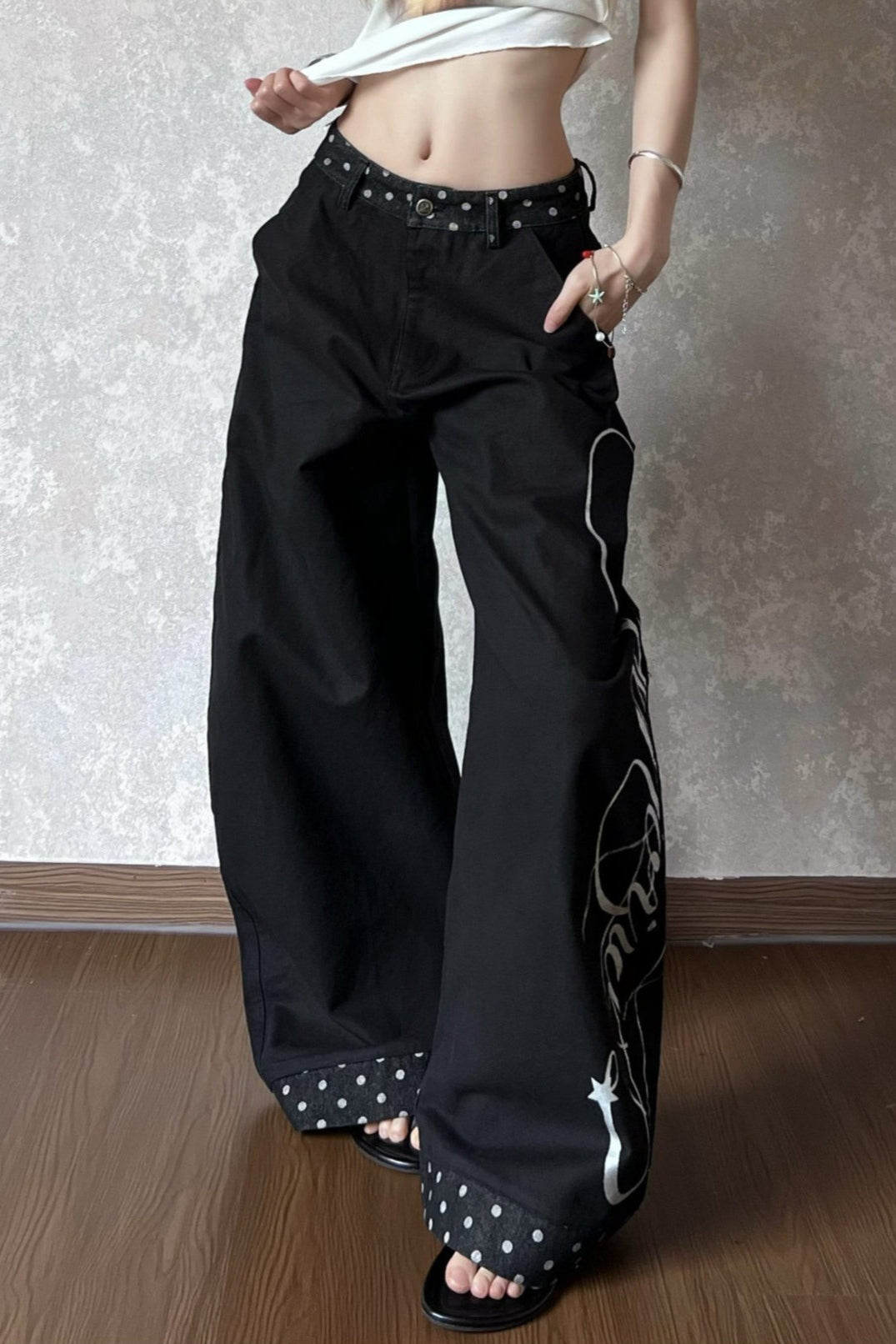 Black Letter Print Polka Dot Curved Leg Jeans Main image