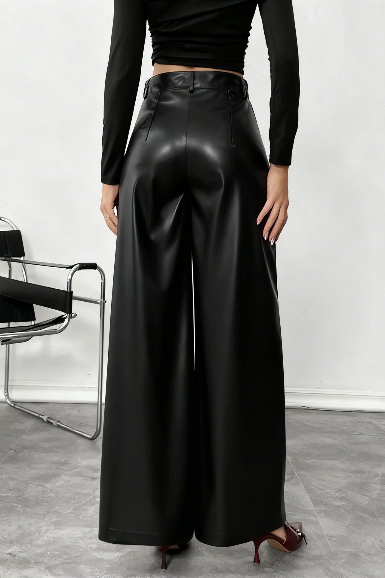 High Waist Fluid Black PU Leather Wide Leg Pants Secondary image