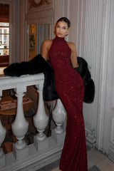 Solid Sparkling Halter Bodycon Formal Dress S / Red