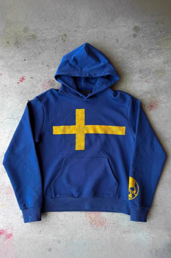Blue Cross Graphic Washed Pullover Hoodie