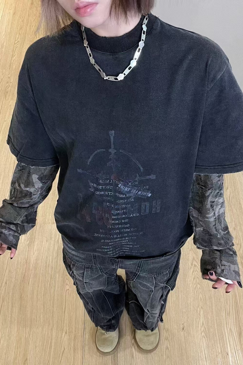 Washed Typography Camo Layered Long Sleeve T-Shirt