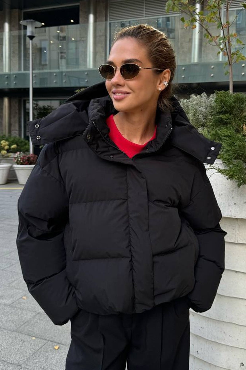 Relaxed Fit Cropped Hooded Puffer Jacket S / Black