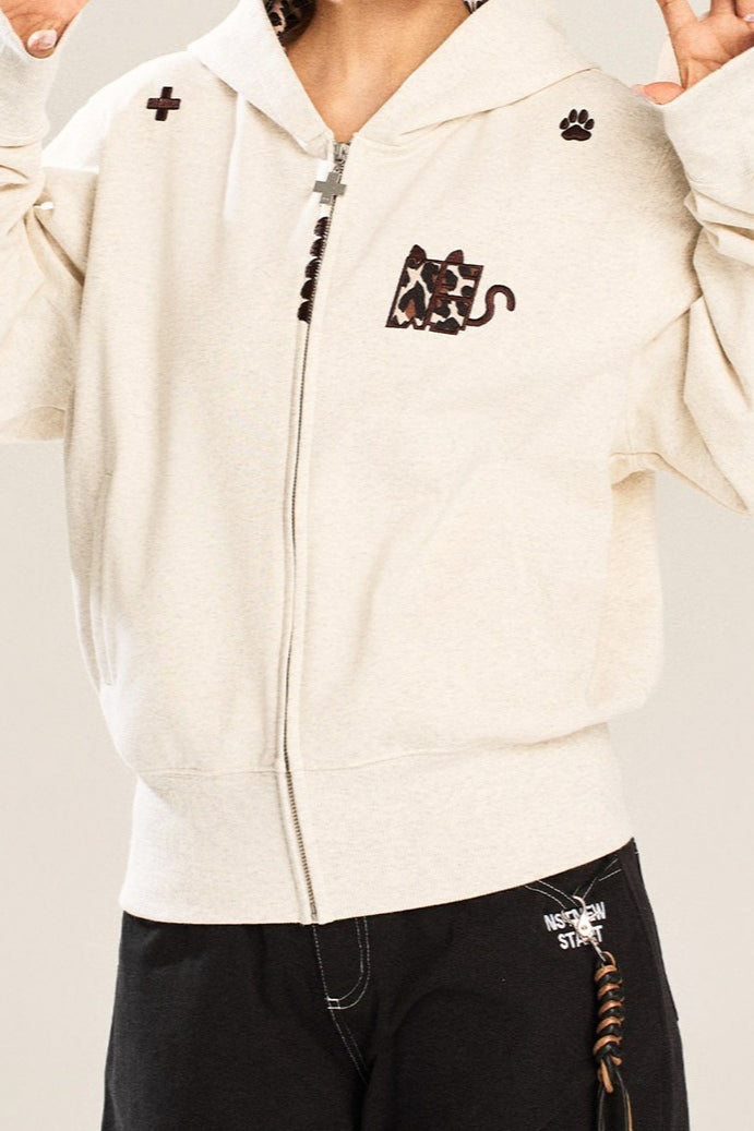 Leopard Lined Devil Horn Cross Zip Hoodie
