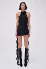 Asymmetric Rose Halter  Mini Dress