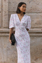 V Neck Short Sleeve Maxi Floral Dress