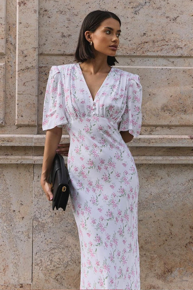 V Neck Short Sleeve Maxi Floral Dress