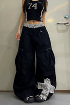 Leopard Waist Cross Patch Wide Leg Cargo Pants