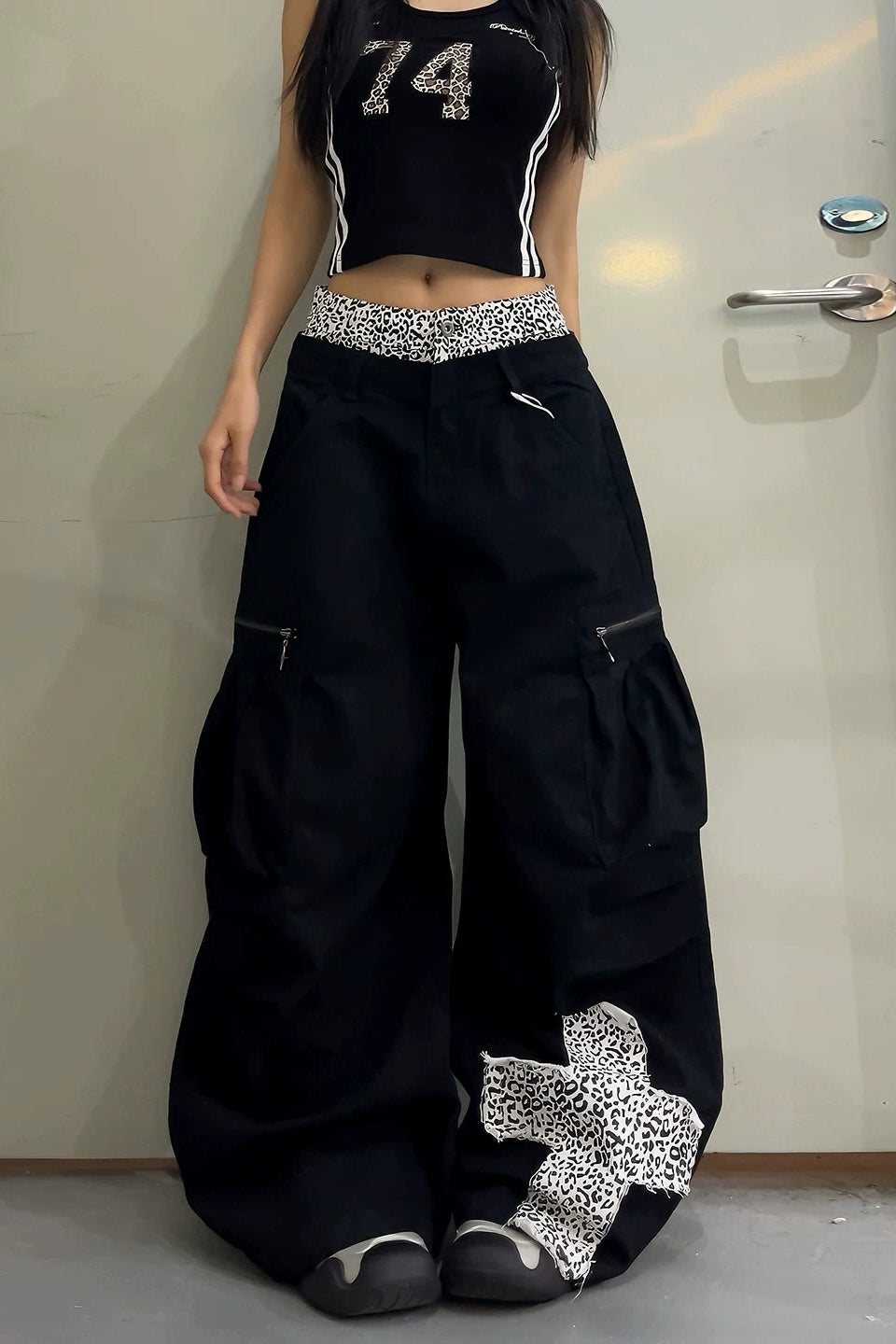 Leopard Waist Cross Patch Wide Leg Cargo Pants