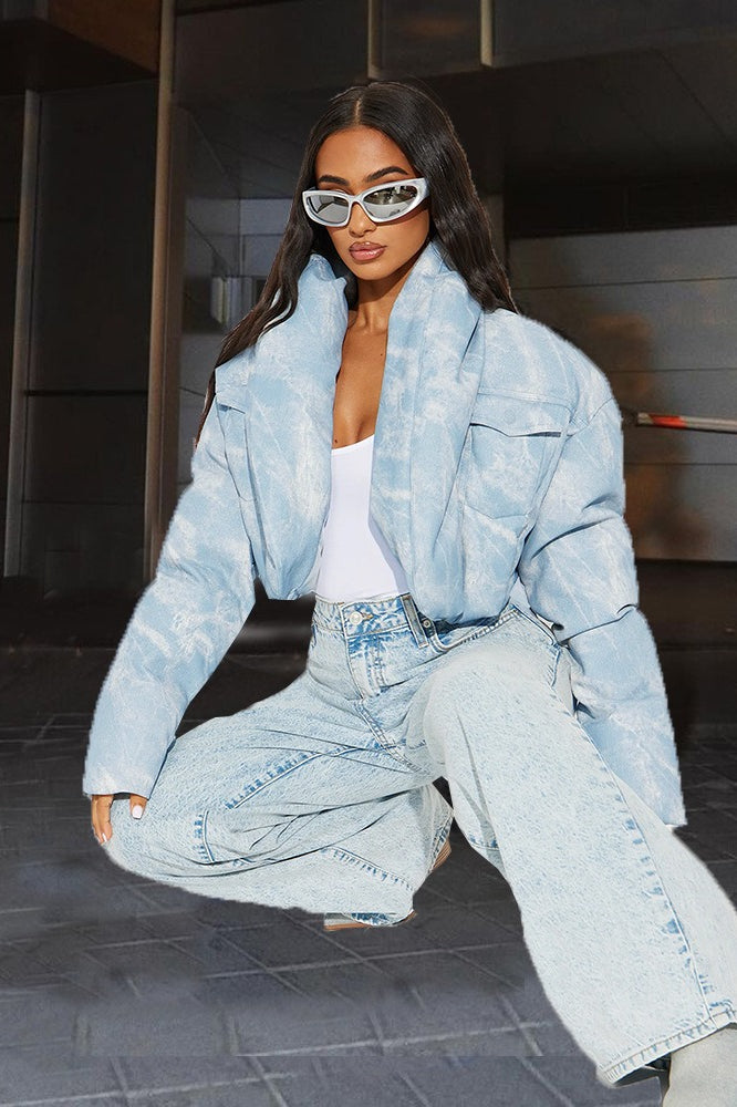 Printed Color Block Crop Quilted Puffer Jacket Secondary image