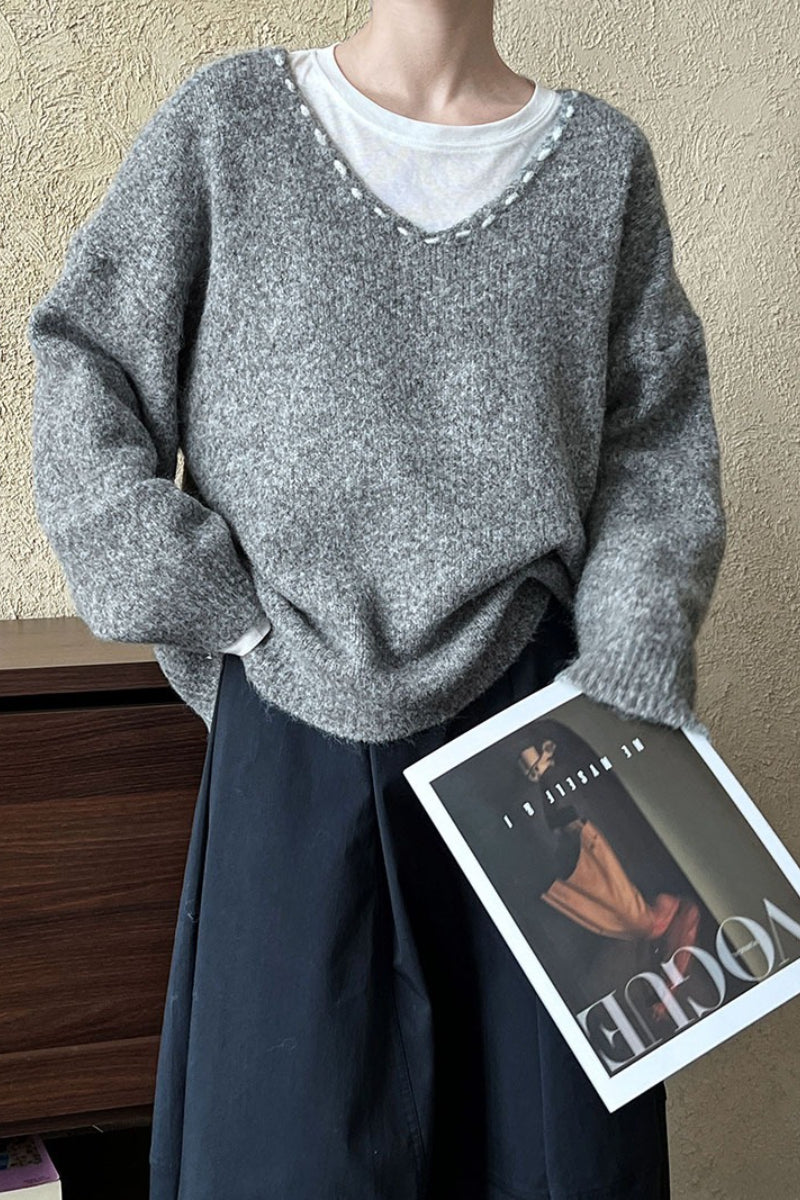 Oversized V-Neck Knit Sweater