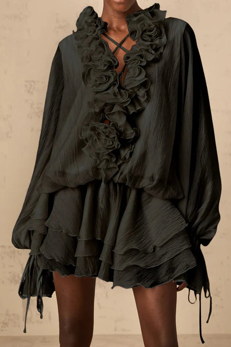 Loose Fit Folded Ruffle Boho Dress Black / XS