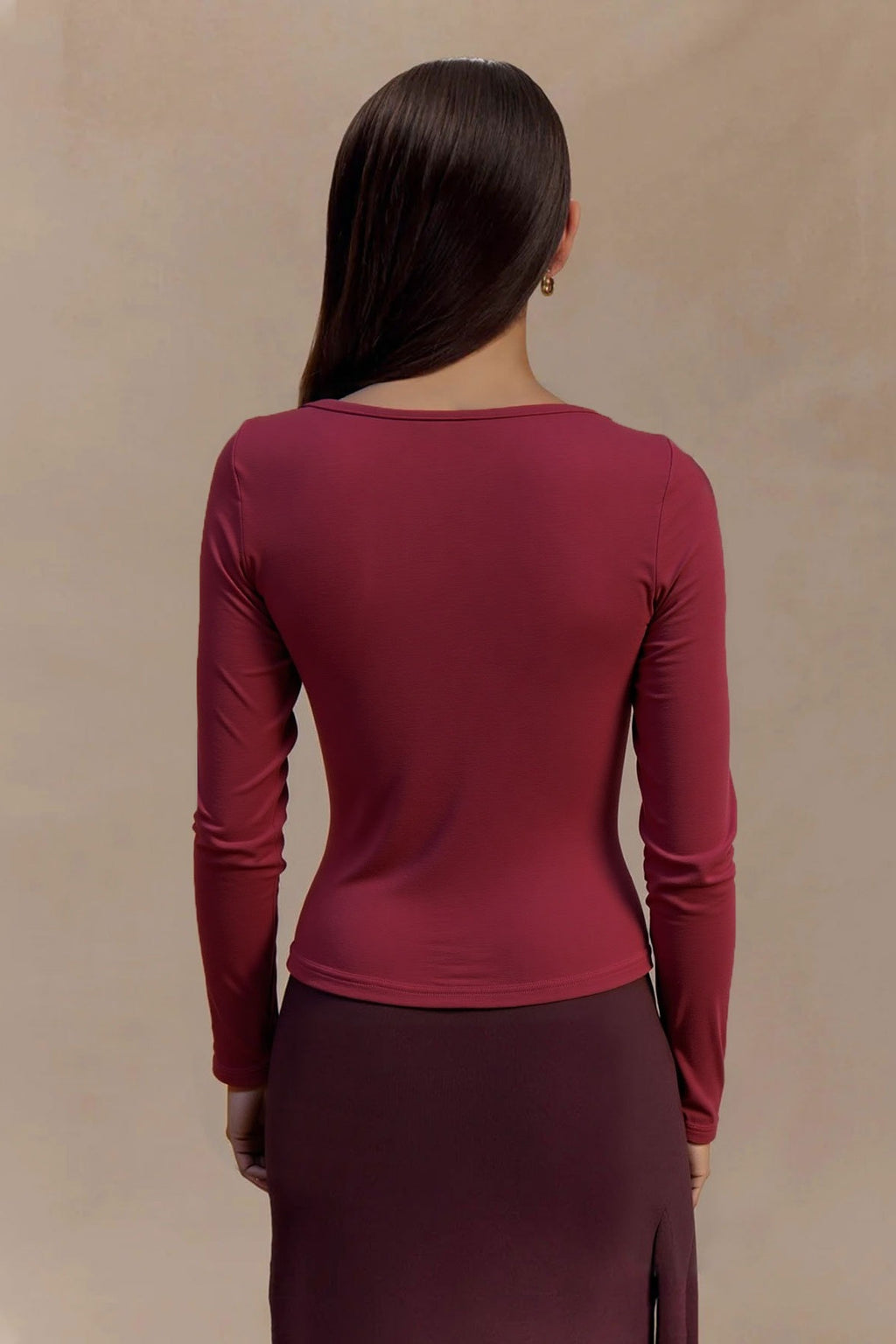 Wine Red V Neck Bodycon Long Sleeve Tee